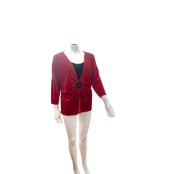 Notations Red / Black Crushed Velvet Formal Dressy Blouse XL - Picture 4 of 6